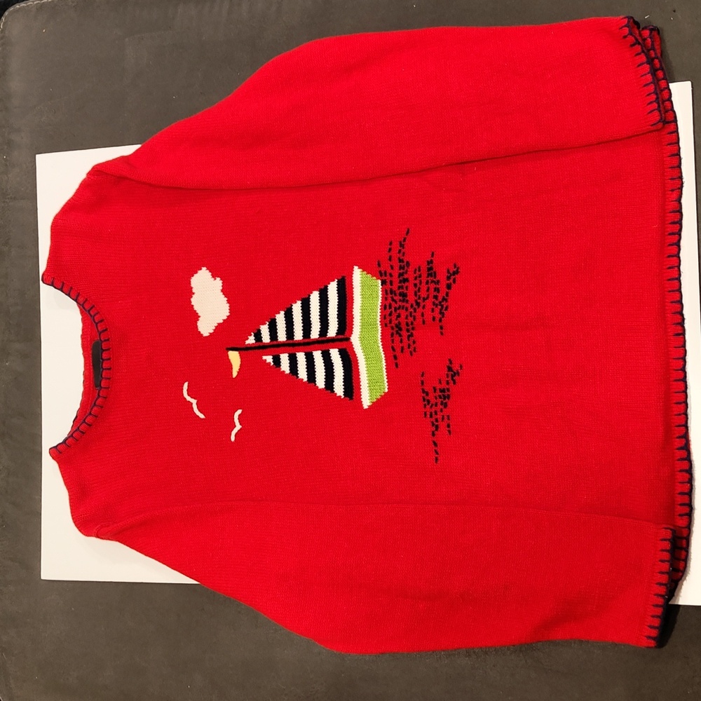 Sag Harbor Red Sailboat Knit Sweater with Black, White & Green Accents